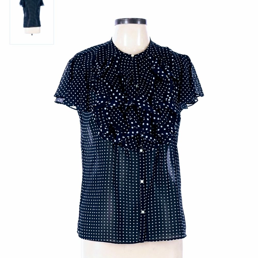 American Living Womens Top POLKA DOT Button Blouse Short Sleeve Blue & White Med